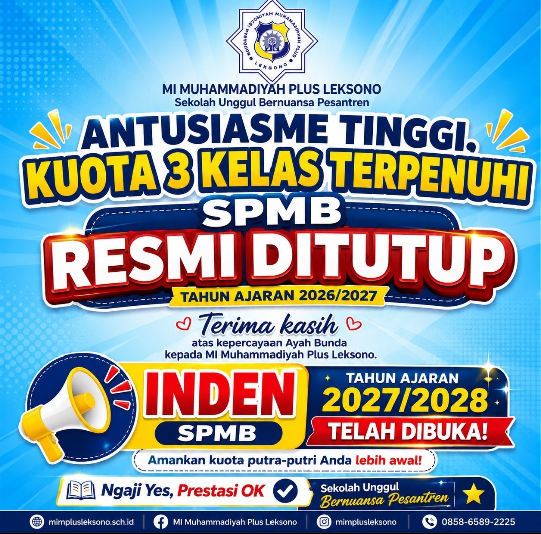 Membludak, Kuota 3 Kelas MI Muhammadiyah Plus Leksono Resmi Terpenuhi ! Slot inden untuk tahun depan kini Langsung Dibuka! - Gambar 1