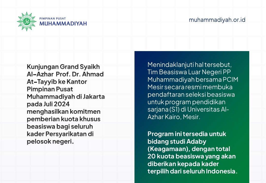 PP Muhammadiyah Buka Beasiswa S1 Universitas Al-Azhar Mesir 2026 : Kuota Khusus untuk Kader ! - Gambar 2